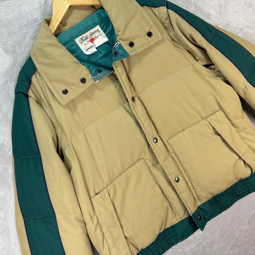 Vtg Field & Stream Men's‎ Puffer Jacket Tan Green Down Fill Removable Sleeves XL